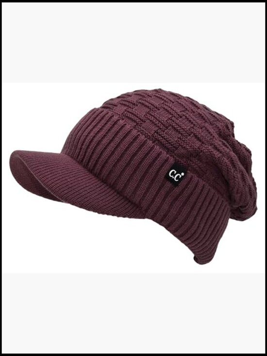 Fleece Lined Knit Hat with Visor Brim Stretchy Ribbed display picture 1